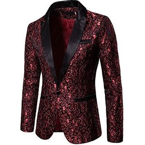 Heren Paisley Jacquard bloemen bruiloft blazer glitter blazer slim fit bruiloft smoking, rood, L