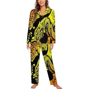 Yin Yang Dragon Tiger vrouwen lange mouw button down nachtkleding zachte nachtkleding lounge pyjama set XL