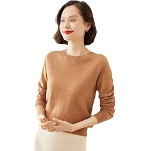 Dames trui O-hals kasjmier effen truien slanke dieptepunt lange mouw casual basic trui, Goud Khaki9, M
