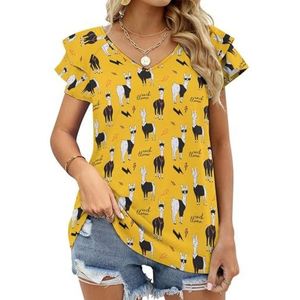 Rock lama cartoon alpaca grafische blouse top voor vrouwen V-hals tuniek top korte mouw volant T-shirt grappig