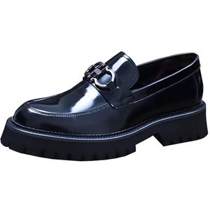Heren ronde teen loafers, echt lederen bootschoenen, gesp wandelschoen casual lederen schoenen voor mannen, Zwart, 40.5 EU