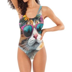 Klassieke Een Stuk Badpakken Voor Vrouwen Bloem Gekroonde Kat Met Zonnebril Lichtblauw U-Vormige Rug Buikcontrole, Bloem gekroonde Kat Met Zonnebril Lichtblauw, S