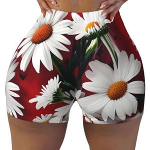 JJPUNGK Rode Bloem En Wit Daisy Print Elastische Workout Korte Gym Shorts Vrouwen Comfortabele Zomer Dragen Atletische Hoge Taille, Zwart, S