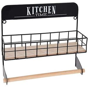 Houten keukenrek met rolhouder - 32x29x10 cm - metalen wand plank kruidenrek keuken zwart