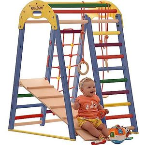 Klimdriehoek indoor speelplaats van hout voor kinderen - klimnet, Zweedse ladder, ringen, glijbaan - ideaal voor 1 tot 5 jaar - Draagt tot 60 kg