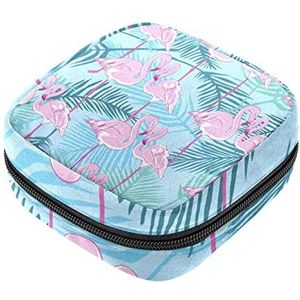 Maandverband Opbergtas, Vrouwelijke Product Pouches Draagbare Periode Kit Tas voor Meisjes Vrouwen Dames Roze Flamingo Tropische Bladeren Groen, Meerkleurig, 4.7x6.6x6.6 in/12x17x17 cm