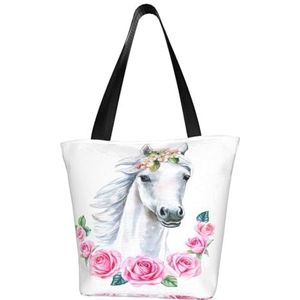 Schoudertas, canvas tote grote tas dames casual handtas herbruikbare boodschappentassen, wit paard met roze bloemen, Zoals op de afbeelding., Eén Maat