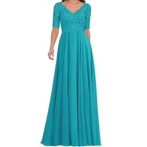 AHERKLL Kant Applique Moeder Van De Bruid Jurken Half Mouw Formele Avond Party Grootmoeder Jurken Lange HAH057, Turkoois, 32