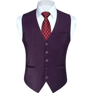 Enlision Gilet voor heren, formele effen giletjes voor bruiloft, effen kleur smoking, smokingjas, zakelijk pak, vest met zakken XS-4XL, Paars, XL