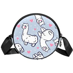 Ronde Crossbody Tas Messenger Bag Purse voor Vrouwen Cartoon Wit Alpacas Roze Hart, Meerkleurig, 6.7x6.7x2.3 in, Sling Rugzakken