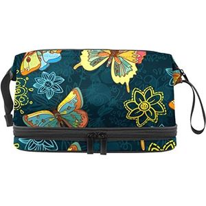 Dubbellaags Cosmetische Tas Vlinders Draagbare Make-up Tas Reizen Organizer Pouch Voor Vrouwen Meisjes Toiletries Tassen, Meerkleurig, 27x15x14 cm/10.6x5.9x5.5 in, Make-up zakje