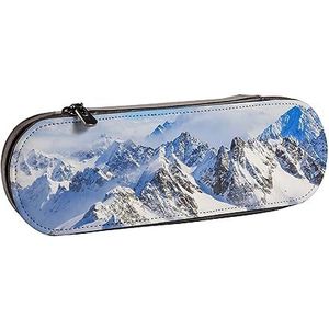 BONDIJ Zonsondergang Natuur Achtergrond Gedrukt Lederen Potlood Pouch, Grote Capaciteit Pen Zakken Leuke Etui Cosmetische Organizer Tas met Rits, Sneeuwberg, Eén maat, Munten Pouch