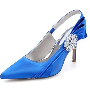 Recuriey Damessandalen - Puntige hoge hak 8,5 cm strass schoenen, satijn materiaal, sexy gesloten teen peep toe damesschoenen, bruiloft partij bruidsschoenen,Blauw,35 EU