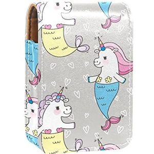 Draagbare Lipstick Case voor op reis, Mini Lipstick Opbergdoos met spiegel voor vrouwen dames, Lederen cosmetische Pouch Leuke Eenhoorn Zeemeermin Staart, Meerkleurig, 9.5x2x7 cm/3.7x0.8x2.7 in