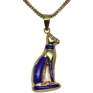 FAMA.store Egyptische sieraden hanger, Egyptische godin Bastet 18K geel Goud, blauwe edelsteen, faraonische stijl 2.3 Gr handgemaakt in egypte m14, 18-karaats goud, edelsteen