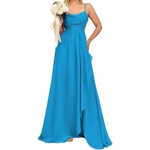 Prinses Bruidsmeisjes Jurken Spaghetti Bandjes Galajurken Chiffon Formele Avondfeest Maxi Jurk met Split ZM192, Blauw, 32
