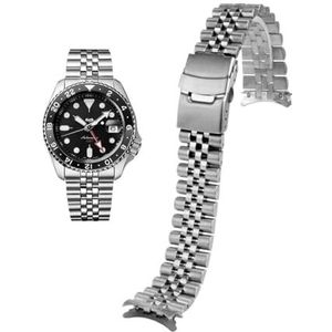 Roestvrij stalen horlogeband gebogen uiteinde horlogeband geschikt for Seiko SNKN67J skx007 009 polsriem armband zilver zwart 20 mm 22 mm (Color : A-Silver, Size : 20mm)