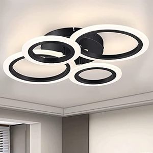 48W moderne LED plafondlamp zwart 4-rings plafondlamp met afstandsbediening, geschikt voor keuken, woonkamer, slaapkamer, dimbare helderheid, kleurtemperatuur