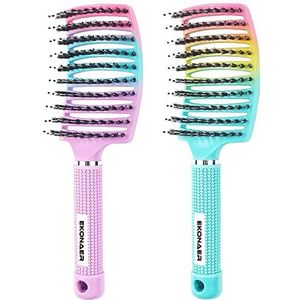 2 stuks ontwarrende borstel om knopen zonder pijn te verwijderen, voegt glans toe en maakt het haar glad, ontwarrende varkenshaar haarborstel voor volwassenen en kinderen nat of droog haar (groen en