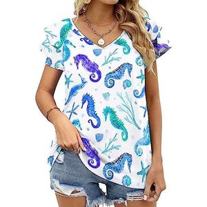Blue Seahorse Dames Casual Tuniek Tops Ruches Korte Mouw T-shirts V-hals Blouse Tee