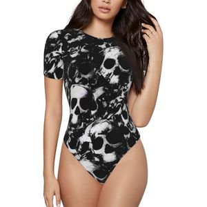 KHDKLXOHZ 3d zwart-wit menselijke schedel damesbodysuits - shapewear met korte mouwen, ronde hals, rekbare basic T-shirt tops, casual slanke comfortabele pasvorm turnpak-onesie, 3d, S