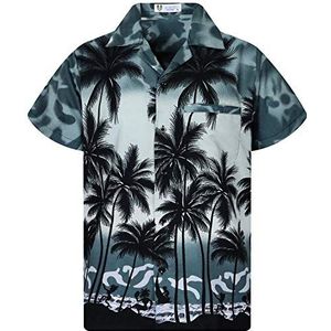 V.H.O. Funky Hawaïhemd heren korte mouwen voorzak Hawaii-print strand palmen diverse kleuren, Beach grijs, 3XL