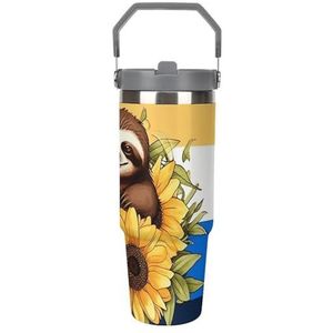 FZQVSGW 30 oz grote capaciteit autobeker met rietje cartoon luiaard zittend op zonnebloem roestvrijstalen reismok - dubbelwandige vacuüm geïsoleerde beker, lekvrij, voor reizen, buiten en thuisgebruik