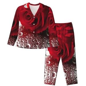 JEJEA Rode Roos Bloem Print Comfortabele 2 Stuk Nachtkleding Lounge Set Pyjama Set Lange Mouw Nachtkleding Nachtkleding, Zwart, S