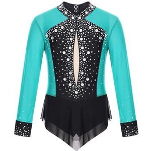 NUOYIXUAN Gymnastiekpak voor meisjes, ritmisch gymnastiekpak voor meisjes, body met strass, kunstschaatspak, balletbody (blauwgroen, 14)