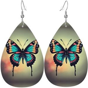 Hand getekende kleur vlinder 2 druppelvormige lederen oorbellen, damesmode accessoires,Valentijnsdag Essential, Eén maat, Leer Pu