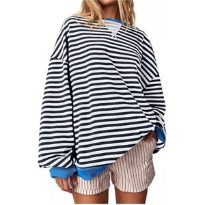 Gestreepte trui Dames Oversized gestreept sweatshirt Kleurblok Sweatshirt met lange mouwen en ronde hals Los truishirt (Color : Black and White, Size : XL)