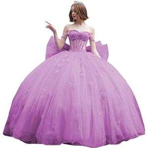 Fuomomo Quinceanera-jurk met dunne bandjes en vlinderglitter, Quinceanera-jurk met vlinders en grote strik, baljurk van kant met parels MT053, Mauve, 30 NL