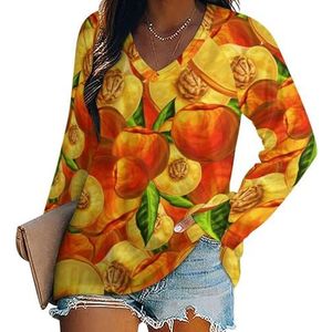 Perzik Fruit Patroon Vrouwen Casual Lange Mouw T-shirts V-hals Gedrukt Grafische Blouses Tee Tops S