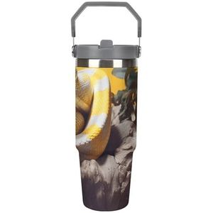 FZQVSGW 30 oz grote capaciteit autobeker met rietje, geel en wit Python roestvrijstalen reismok - dubbelwandige vacuüm geïsoleerde beker, lekvrij, voor reizen, buiten en thuisgebruik