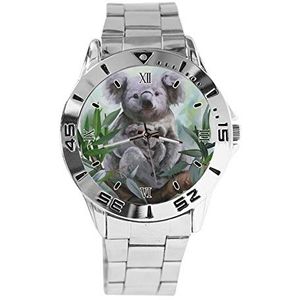 Koala Ouder en Kind Mode Heren Horloges Sport Horloge voor Vrouwen Casual Rvs Band Analoge Quartz Polshorloge, Zilver, armband