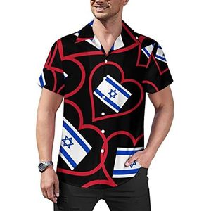 I Love Israel Red Heart casual overhemden met knopen voor heren, korte mouwen, Cubaanse kraag, T-shirts, tops, Hawaiiaans T-shirt, L