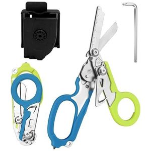 Reddingsschaar, traumaschaar, 6-in-1, opvouwbaar, traumaschaar, noodschaar, verbandschaar met K-beschermhoes, moersleutel voor professionele reddingsdiensten, outdoor, camping, blauw en groen