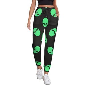 Green Alien Heads Joggingbroek voor dames, hardloopbroek, joggingbroek, casual broek, elastische taille, lang, met zakken