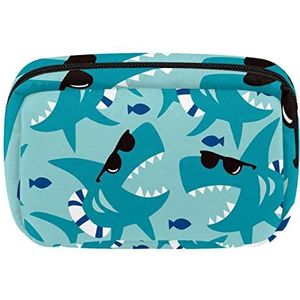 Cosmetische Tassen Voor Vrouwen Kleine Make-up Tas Reizen Toiletry Pouch Organizer Rits Cool Blue Shark Met Zwarte Zonnebril, Meerkleurig, 17.5x7x10.5cm/6.9x4.1x2.8in