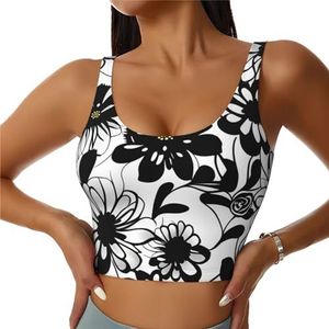 Zwart-witte bloemenprint vrouwen workout tanktops racerback mouwloos sportvest voor yoga gym atletisch, Zwart, S
