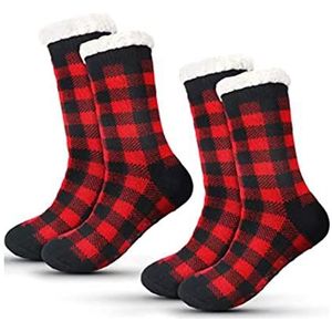 Anti-Slip Socks, Winter Floor Socks, Warm and Comfortable Fleece Slipper Socks, Women's Fluffy Home Socks (Women's Red Plaid Non-slip Socks Size 5-11)