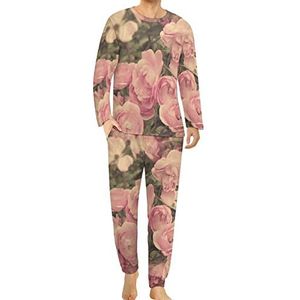 Vintage roze bloem kunstwerk comfortabele heren pyjama set ronde hals lange mouwen loungewear met zakken L