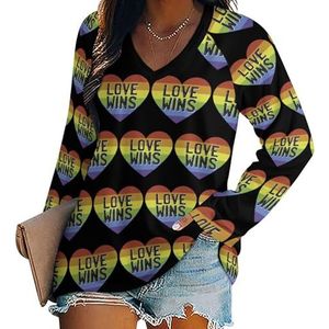 Liefde wint regenboog hart vrouwen casual lange mouw T-shirts V-hals gedrukte grafische blouses Tee Tops L