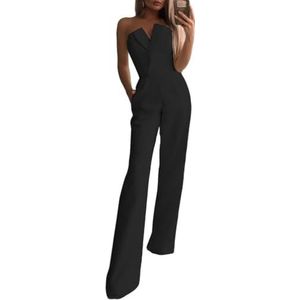 KWISUAWHGA Dames Jumpsuit Uit één Stuk Sexy Off-Shoulder Middelhoge Taille Wijde Pijpen Effen Kleur Casual Elegant Lange Broek Jumpsuits,zwart,L