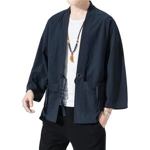 YANQSHM Kimono Shirts Mannen, Heren Kimono Jas Zeven Mouwen Open Voorkant Japanse Cardigan met Zakken Losse Pasvorm Casual Lichtgewicht Zomer Shirt Tops voor Dagelijks Daten Vakantie Marineblauw Xs