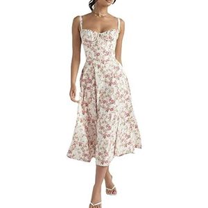 No underwire-Print Bustier Sundress, Women Y2k Square Neck Low Cut Sleeveless Bustier Midi Dress (M,Pink)