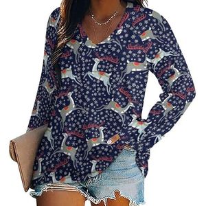 Happy Reindeer Damesshirt met V-hals en lange mouwen, casual, losse pasvorm