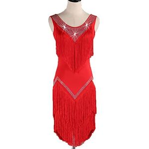 Franje Tango Cha Cha Jurk voor dames, Latin Dance Wedstrijdjurk, rugloze balzaal, salsa performance kostuum, Rood, 3XL