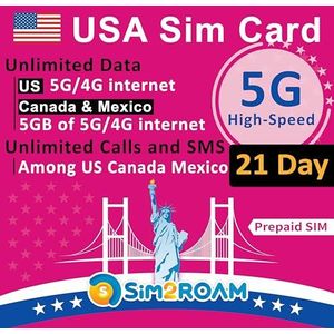 VS Canada Mexico T-Mobile SIM-kaart | Onbeperkt 5G/4G LTE-data in de VS + 5 GB 5G/4G-data in Canada en Mexico | Onbeperkt bellen en sms'en in de VS, Canada en Mexico (21 dagen) | Oplaadbaar!