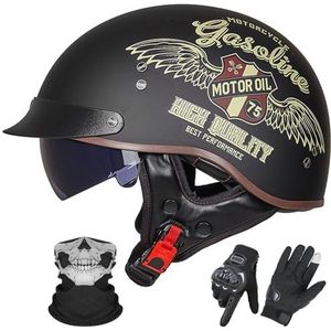 Vintage Motorhelm In Duitse Stijl, ECE 22.06 Goedgekeurd, Open Motorhelm, Retro Halve Helm met Zonneklep voor Volwassenen, Mannen en Vrouwen L-1,XL (59-60cm)